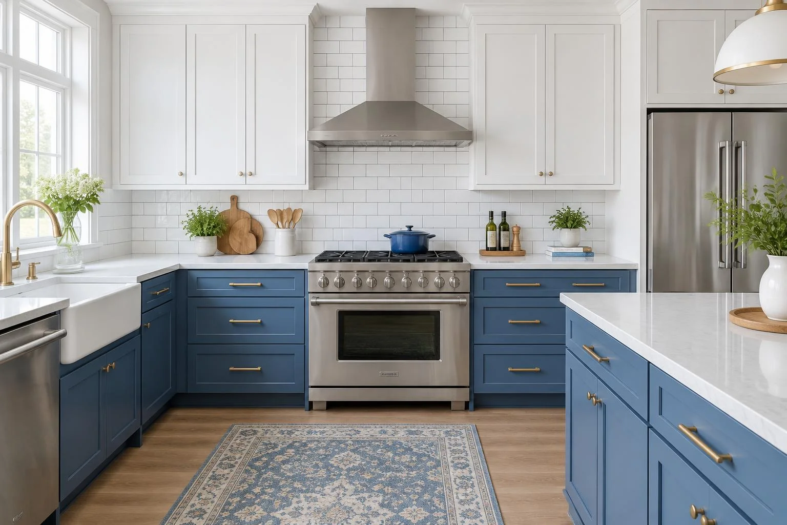 Illustrative kitchen backsplash with white ceramic subway tile and blue cabinets; project town pending