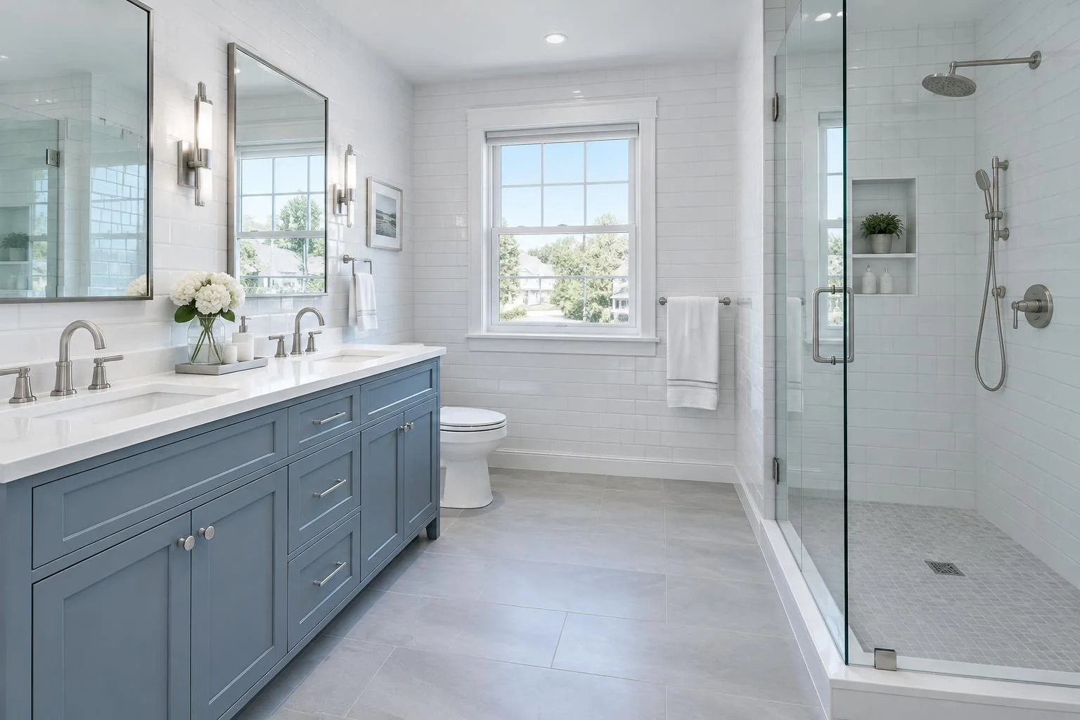 Illustrative bathroom tile with white walls and blue vanity; actual tile type and town pending