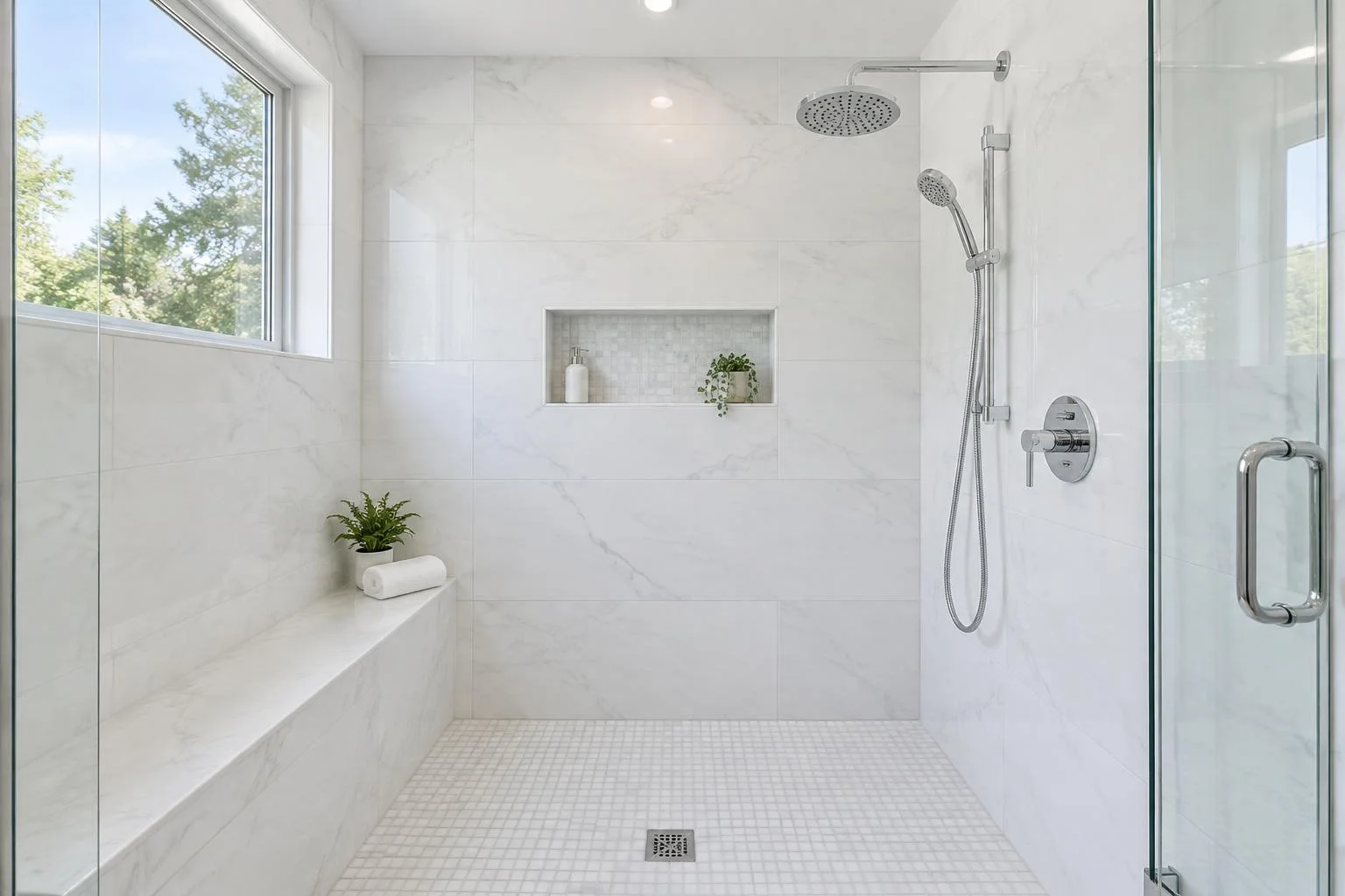 Illustrative shower with white porcelain wall tile and mosaic floor; project town pending